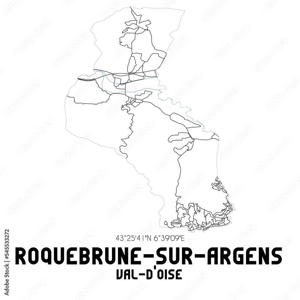 ROQUEBRUNE-SUR-ARGENS Val-d'Oise. Minimalistic street map with black and white lines. ROQUEBRUNE-SUR-ARGENS Val-d'Oise. Minimalistic street map with black and white lines.