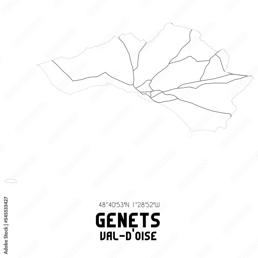 GENETS Val-d'Oise. Minimalistic street map with black and white lines. GENETS Val-d'Oise. Minimalistic street map with black and white lines.