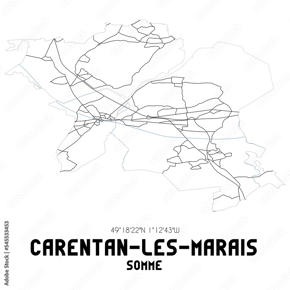 CARENTAN-LES-MARAIS Somme. Minimalistic street map with black and white lines.