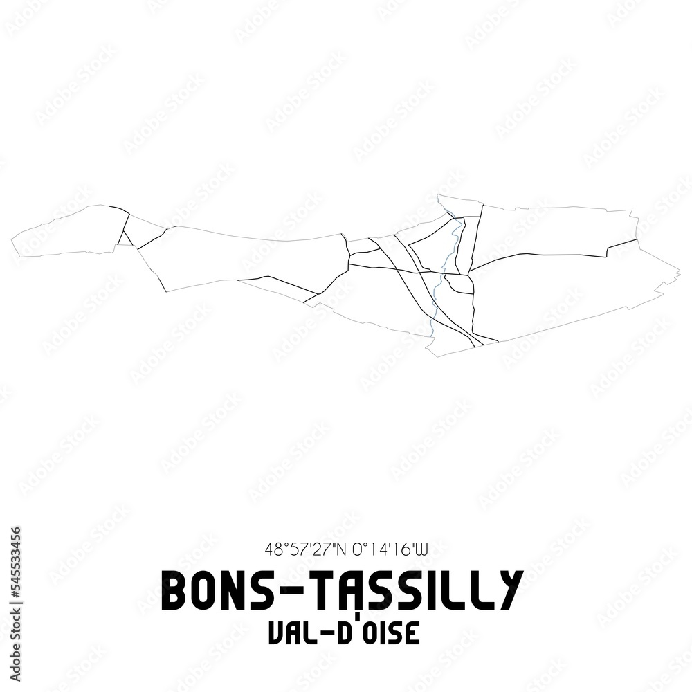 BONS-TASSILLY Val-d'Oise. Minimalistic street map with black and white lines.