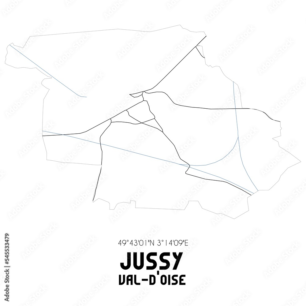 JUSSY Val-d'Oise. Minimalistic street map with black and white lines. JUSSY Val-d'Oise. Minimalistic street map with black and white lines.