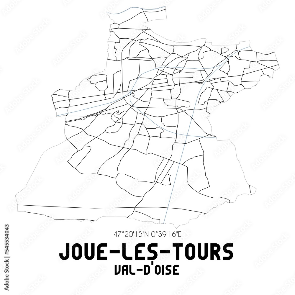 JOUE-LES-TOURS Val-d'Oise. Minimalistic street map with black and white lines.