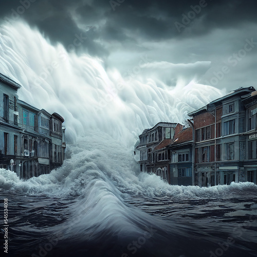 Print op canvas A city flooded being flooded with an avalanche of water