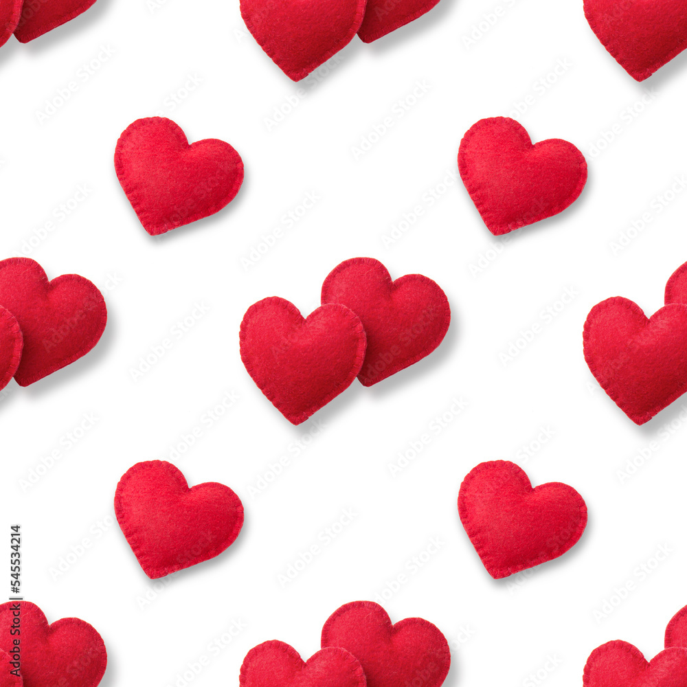 Seamless pattern of red hearts on white background. Symbol of love and backdrop for Saint Valentine's Day greeting card.