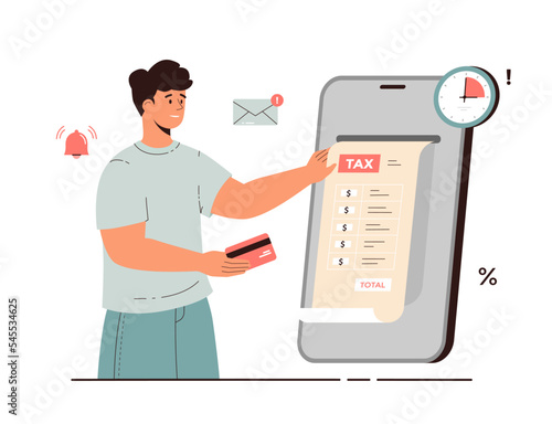 Paying tax online. Man paying tax bill with bank card via smartphone.  Electronic wallet, online transfers and transactions. Cartoon flat vector illustration.