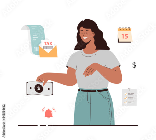 Tax payday, loan repayment time, investment income. Young woman with money, calendar, bell, list, tax form and invoice. Cartoon flat vector illustration.