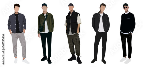 Group fashion men in modern trendy outfits. Young people wearing stylish casual summer clothes. Colored flat graphic vector illustration of fashionable man isolated on white background