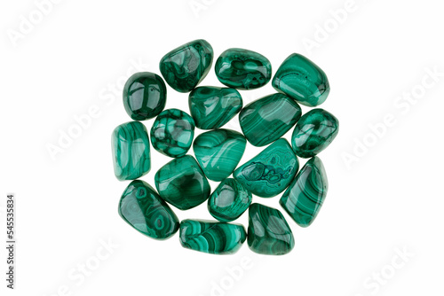 Closeup of beautiful green Malachite tumbled stones isolated on white