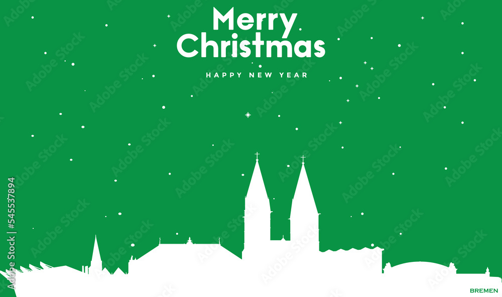 Christmas and New year green greeting card with white panorama of Bremen - obrazy, fototapety, plakaty 