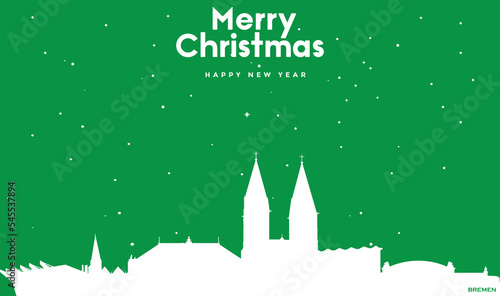 Christmas and New year green greeting card with white panorama of Bremen