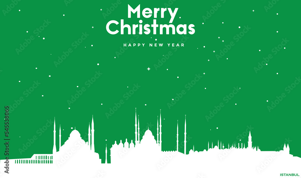 Christmas and New year green greeting card with white panorama of Istanbul Christmas and New year green greeting card with white panorama of Istanbul