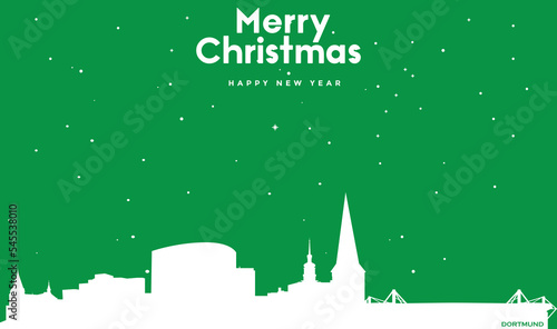 Christmas and New year green greeting card with white panorama of Dortmund