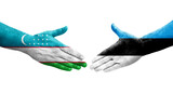 Handshake between Uzbekistan and Estonia flags painted on hands, isolated transparent image.