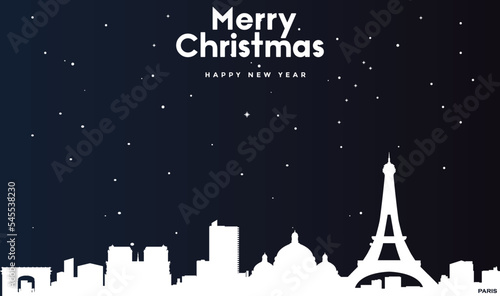 Christmas and New year dark blue greeting card with white panorama of Paris
