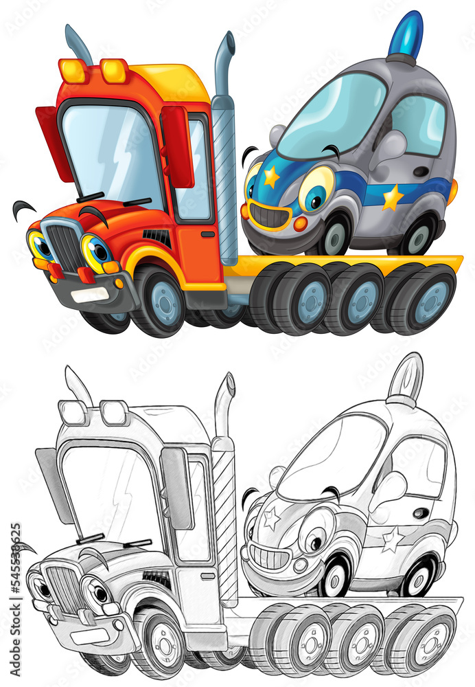 Naklejka premium funny cartoon tow truck driver with other car