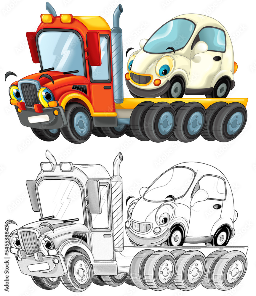 Naklejka premium funny cartoon tow truck driver with other car