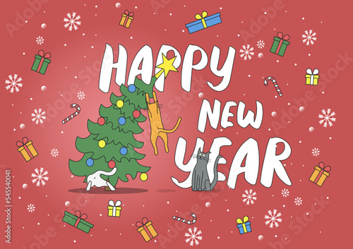 New Year card. The cats climbed onto the Christmas tree. Type 1. Red.