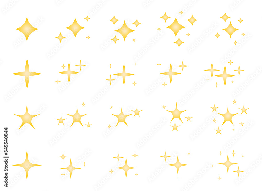 Gold sparkles stars set. Different shapes of bright firework shiny sparkle, magic twinkle, sun glare decoration. Glowing light flash effect. Starry sky space. Spark shining burst radiance explosion Gold sparkles stars set. Different shapes of bright firework shiny sparkle, magic twinkle, sun glare decoration. Glowing light flash effect. Starry sky space. Spark shining burst radiance explosion
