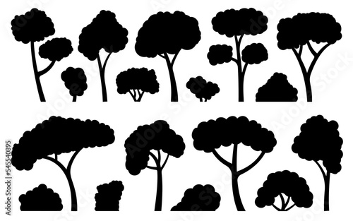 Tree and bush set. Forest foliage landscape floral outdoor flat element. Different shape botanical park plant. Natural eco garden. Maple oak birch aspen ash black silhouette for stencil stamp cutting