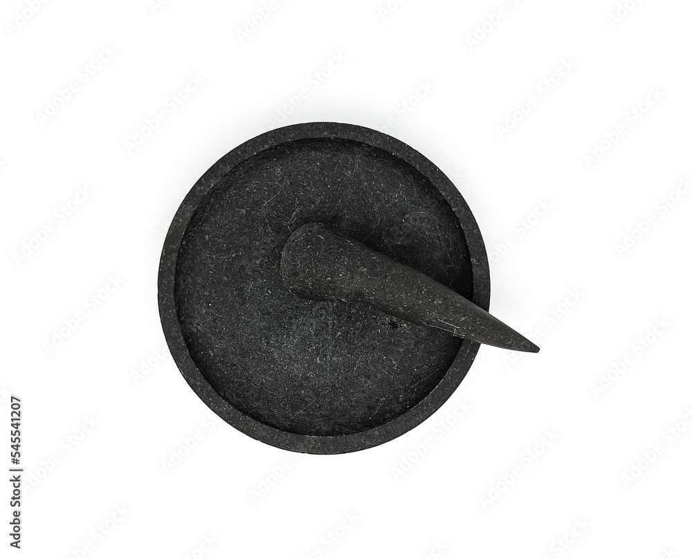 Unique traditional mortar and pestle, stone craft made for mashing seasoning purpose, Cobek and Munthu or Ulekan. Isolated on white background. Top view or flat lay. Unique traditional mortar and pestle, stone craft made for mashing seasoning purpose, Cobek and Munthu or Ulekan. Isolated on white background. Top view or flat lay.