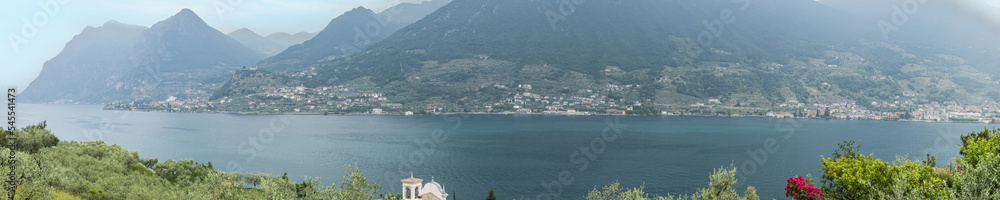 Aerial view of the Brescia coast of  the Lake Iseo from Monte Isola