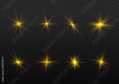 Set of yellow stars bursts with sparkles. Sunlight special lens flare light effect. Shine, sparks, flash on transparent background. Glowing lights, star gold sparkl. Transparent shining sun. Vector.