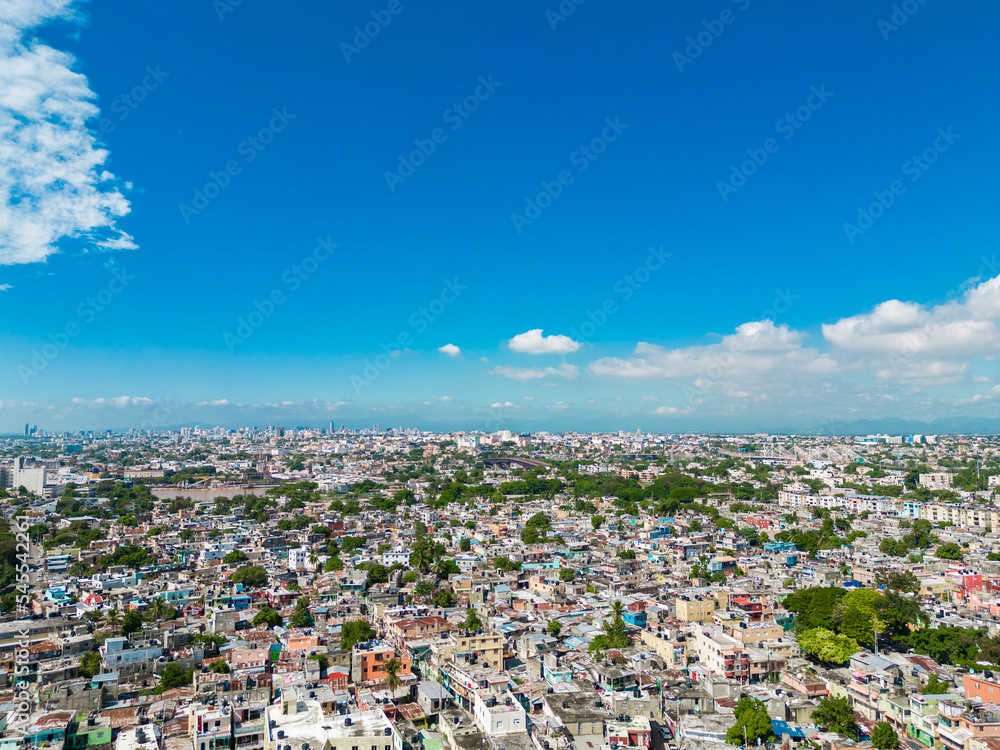 Aerial panoramic cityscape of Santo Domingo, Dominican Republic. Latin American city by the sea