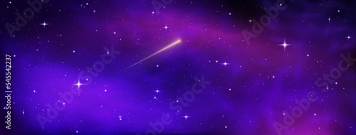 Shooting star background against dark blue starry night sky. Magic stardust. Realistic blue galaxy. Meteor shower with falling glowing comets, asteroids, stars in space. Comet with light trail. Vector