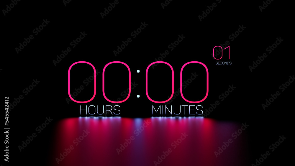 Timer with elapsed time.Glowing timer concept,clock face. 3D render