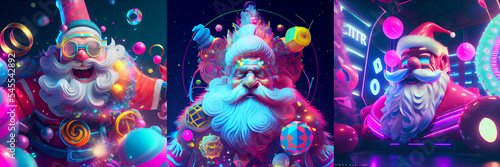 Fotografiet Santa, 3d illustration, neon lights, holiday poster, background with lights, ren