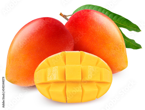 Red Mango fruit with leaf isolated on white background, Fresh Mango fruit on White Background With work path.