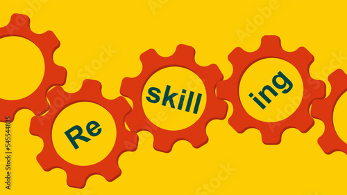 Reskilling concept illustration. Red gears on yellow background.