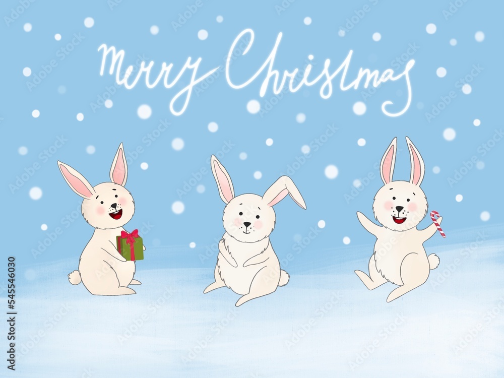 Merry Christmas and Happy New Year! Cute illustration of rabbis in winter city. Drawings for card, poster or background. Trendy print design collection of Chinese New Year 2023 symbol, year of rabbit. Merry Christmas and Happy New Year! Cute illustration of rabbis in winter city. Drawings for card, poster or background. Trendy print design collection of Chinese New Year 2023 symbol, year of rabbit.