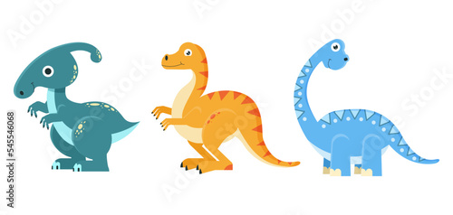 Set Vector flat illustration. Dinosaurs cartoon. Cute illustration for kids. Design element.