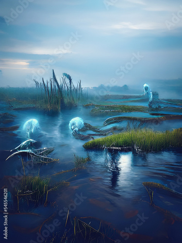 A 3d digital rendering of marsh with blue water and will o' the wisps. photo