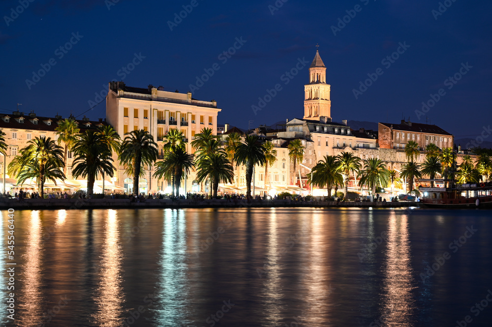 Split, Dalmatia, Croatia. Old Town and Diocletian's Palace. A port on the Adriatic Sea at night.