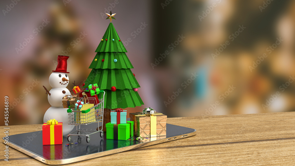 The  Christmas  tree and snow man on tablet for advertising concept 3d rendering