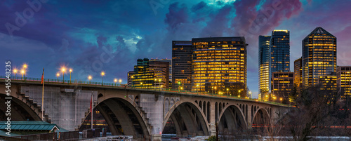 View on Key bridge and Rosslyn skyscrapers at dusk, Washington DC, USA