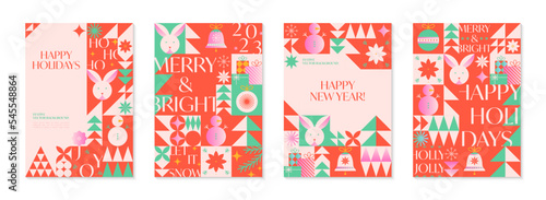 Christmas and Happy New Year greeting banners templates.Festive vector backgrounds in bauhaus style.Traditional winter holiday symbols.Xmas trendy designs for branding,invitations,prints,social media