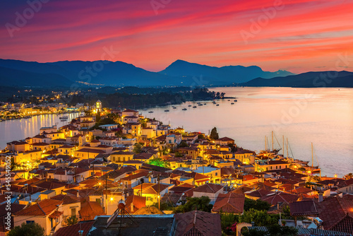 View of greek town Poros at sunset, Greece