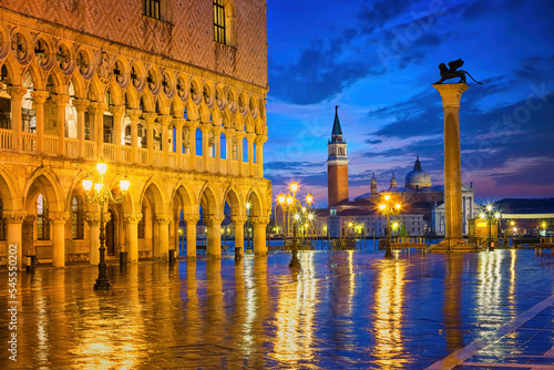 Piazza San Marco at night, view on venetian lion and san giorgio maggiore, Vinice, Italy