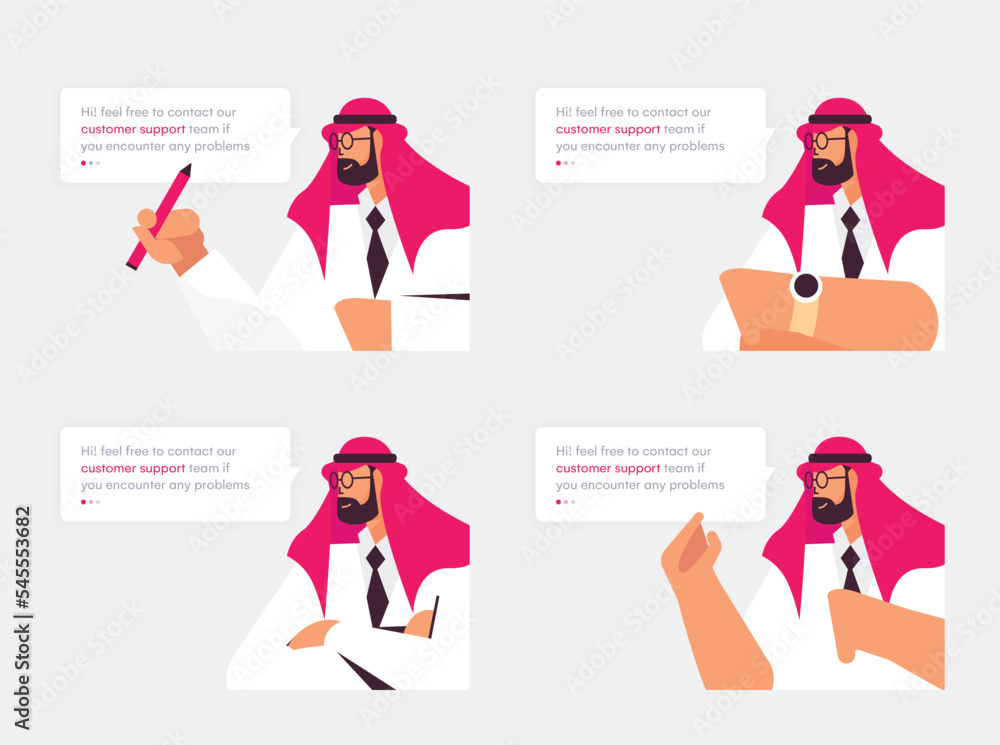Arabic characters businessmen Poses With Popup MessageSupport