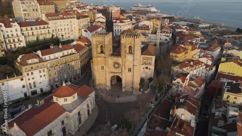 Aerial view of the cathedral in Alfama district, the old town in Lisbon city centre, Portugal.