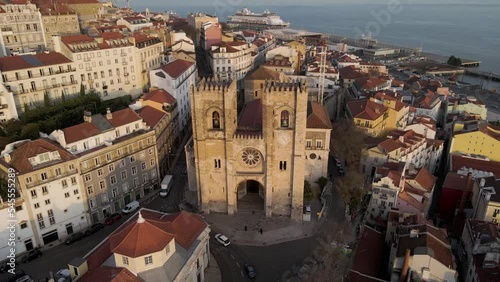 Aerial view of the cathedral in Alfama district, the old town in Lisbon city centre, Portugal.