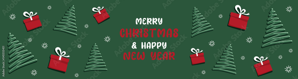 Greeting New Year horizontal card banner with Christmas trees, gifts, the inscription Greeting New Year horizontal card banner with Christmas trees, gifts, the inscription