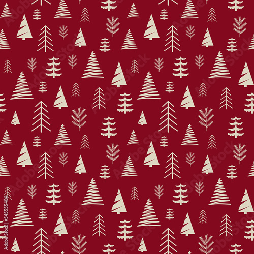 Vector seamless pattern with white Christmas trees of different shapes on a red background in a flat style. Ideal for print, wrapping paper, wallpaper, fabric, design.