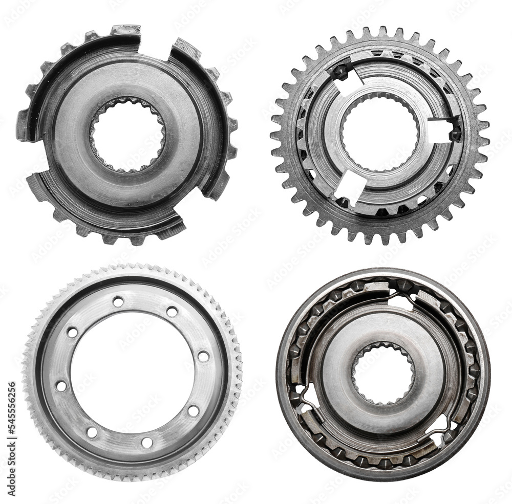 Set with different stainless steel gears on white background, top view Set with different stainless steel gears on white background, top view