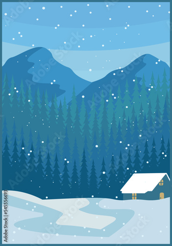Cabin vintage poster pine tree mountain scenery forest in the snow background illustration design