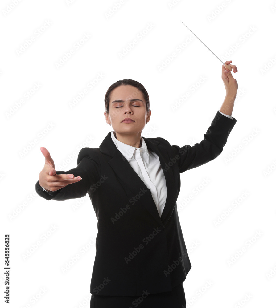 Professional young conductor with baton on white background Professional young conductor with baton on white background