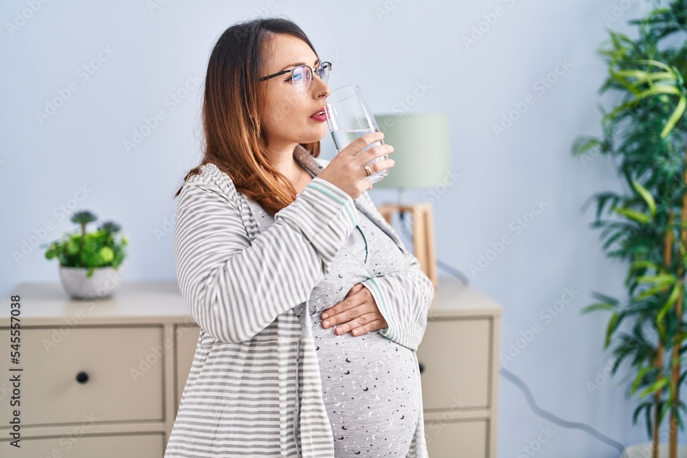 Young pregnant woman smiling confident drinking water at home Young pregnant woman smiling confident drinking water at home
